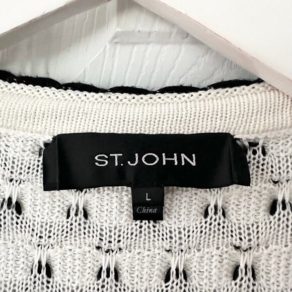 St. John Black White Open Knit Swirl Textured Hook Closure Long Cardigan Large - Picture 7 of 12